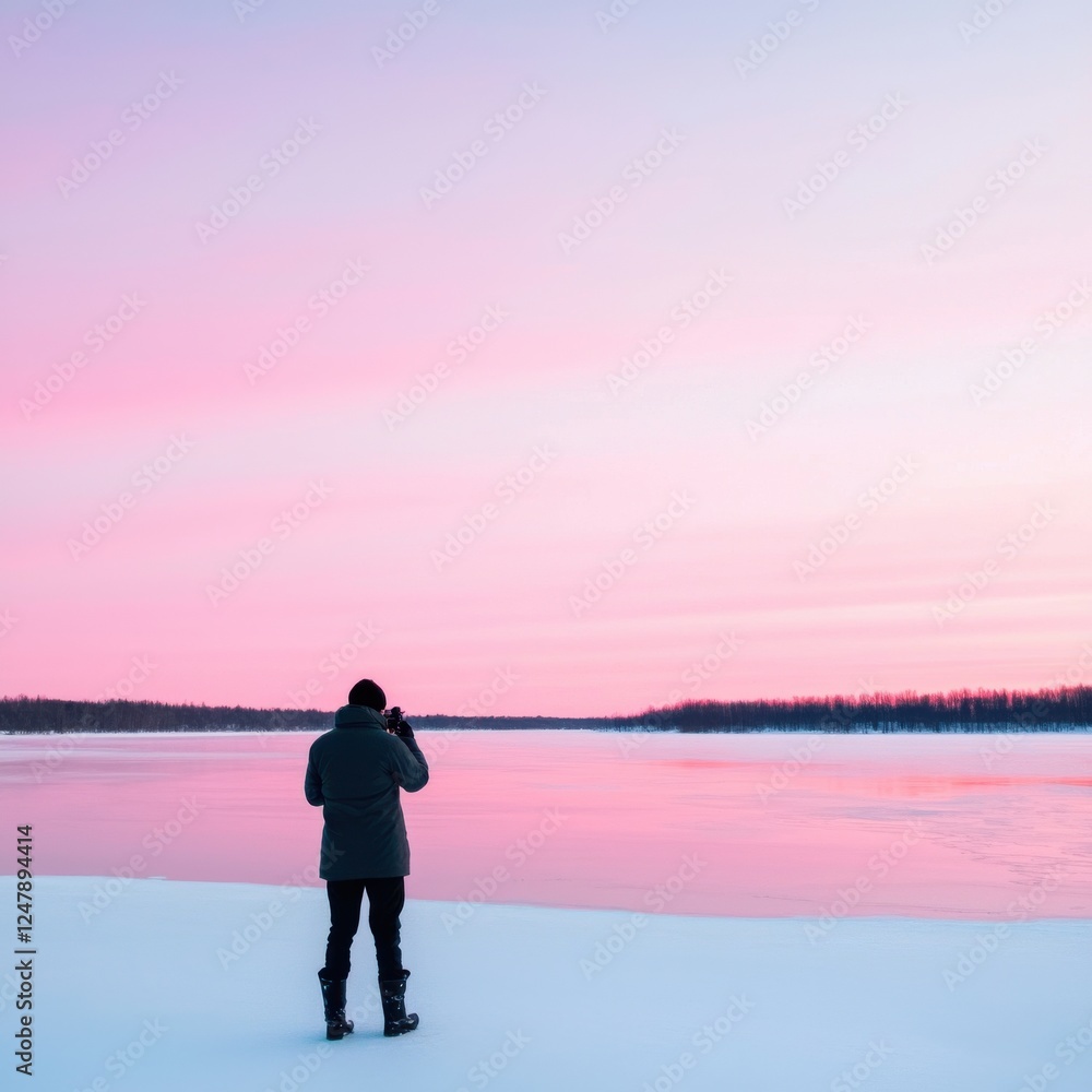 Person Standing on Snowy Ground Capturing Scenic Winter Landscape at Sunrise with Colorful Sky and Reflection Person Standing on Snowy Ground Capturing Scenic Winter Landscape at Sunrise with Colorful Sky and Reflection