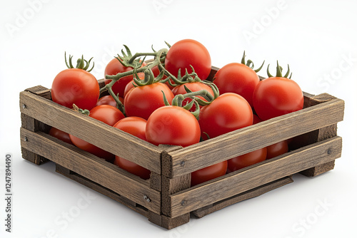 Selective focus red and ripe tomatoes in wooden crate isolated on white background, Fresh harvest sweet tomato in wooden box.