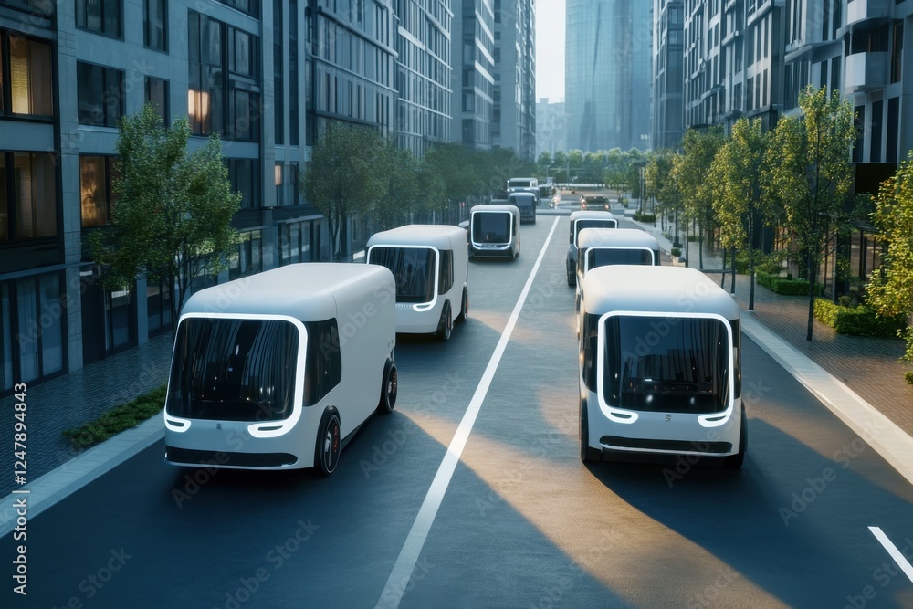 Obraz premium Electric Delivery Trucks in Smart City Environment