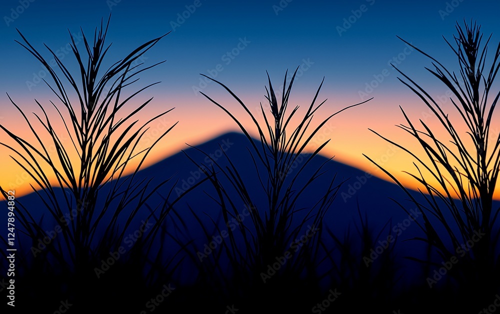 Fototapeta premium Silhouette mountain sunrise through grass. Landscape photo