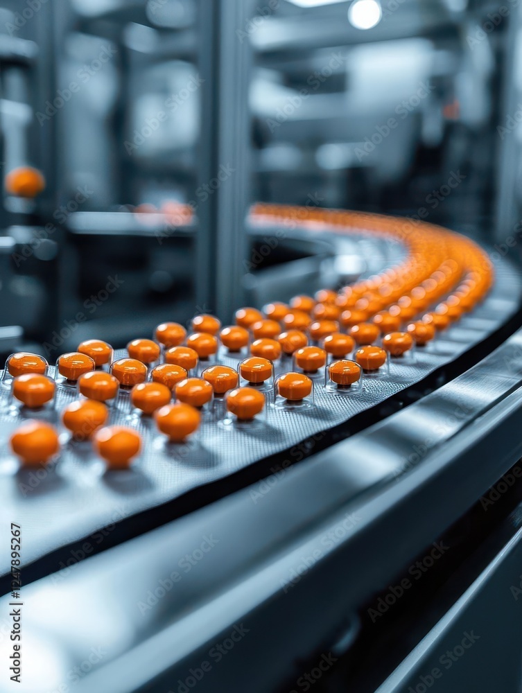 Close-up of orange balls on a conveyor belt in a factory setting. Close-up of orange balls on a conveyor belt in a factory setting.
