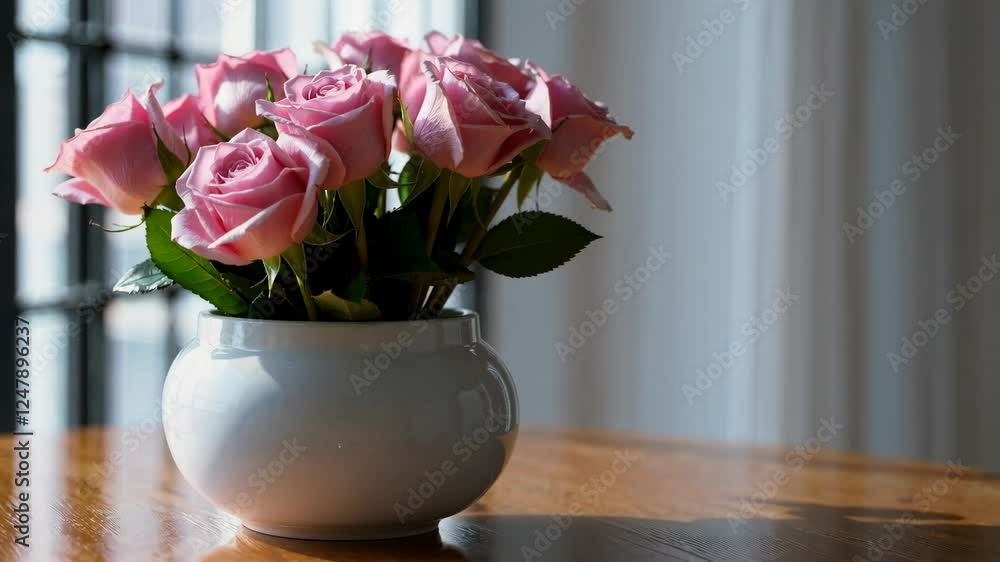 custom made wallpaper toronto digitalA bouquet of delicate pink roses arranged in a white vase rests on a polished wooden table. Natural light pours in through a window, highlighting the beauty of the flowers.