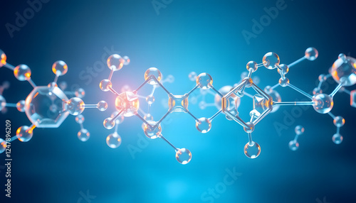 A highly detailed, futuristic molecular structure with transparent, glass-like atoms connected by thin bonds, floating in a blue scientific background. Ideal for themes related to chemistry, nanotechn photo