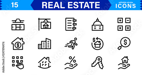 Real Estate Icon Set with Modern, Minimal, and Scalable Vector Icons for Property, Housing, Architecture, UI, Web, Mobile, and Graphic Design