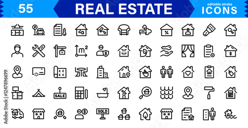 Real Estate Icon Set with Modern, Minimal, and Scalable Vector Icons for Property, Housing, Architecture, UI, Web, Mobile, and Graphic Design