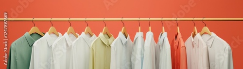 A colorful display of shirts hanging on a rack. photo