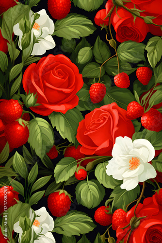 Wallpaper Mural Digital summer wild red roses and fruits and leaves patterns abstract graphic poster background Torontodigital.ca