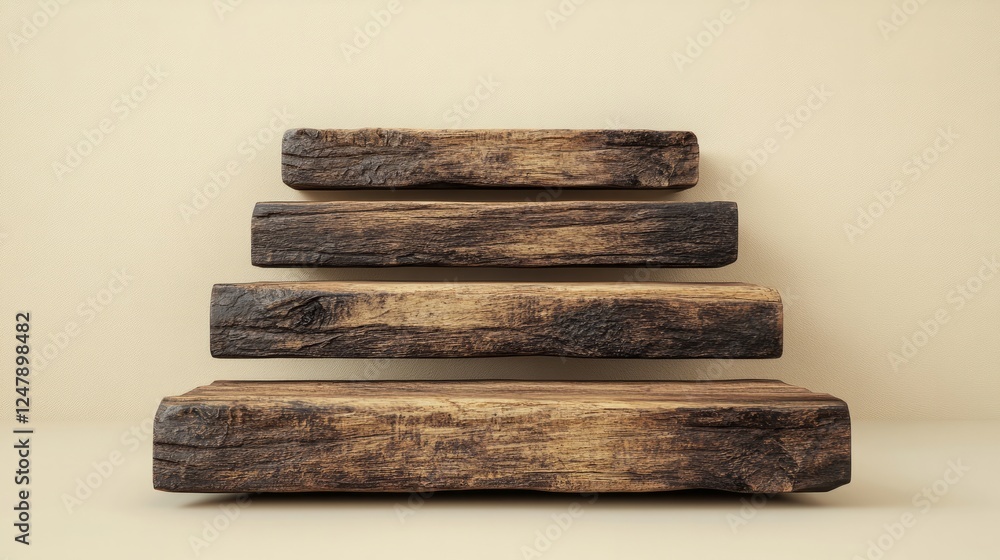 A rustic set of wooden stairs with a natural finish, isolated on a soft beige background A rustic set of wooden stairs with a natural finish, isolated on a soft beige background