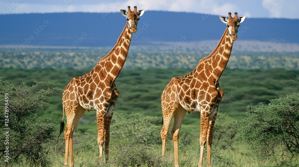 Obraz premium Majestic Giraffes Grazing on Acacia Trees in African Landscape