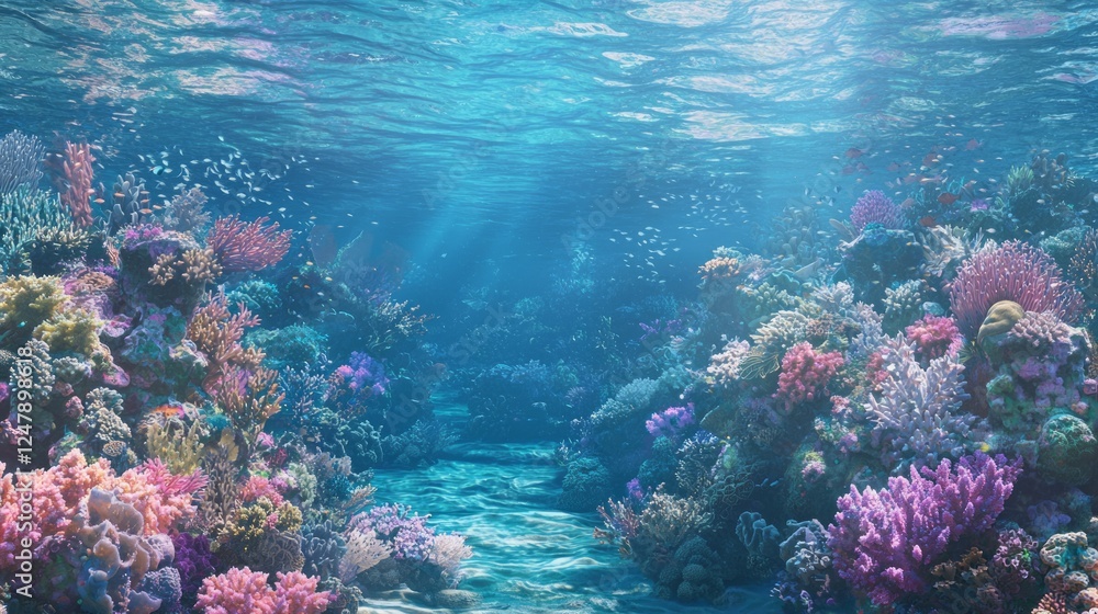 Naklejka premium Vibrant Coral Reef in Shallow Water Under Bright Sunlight