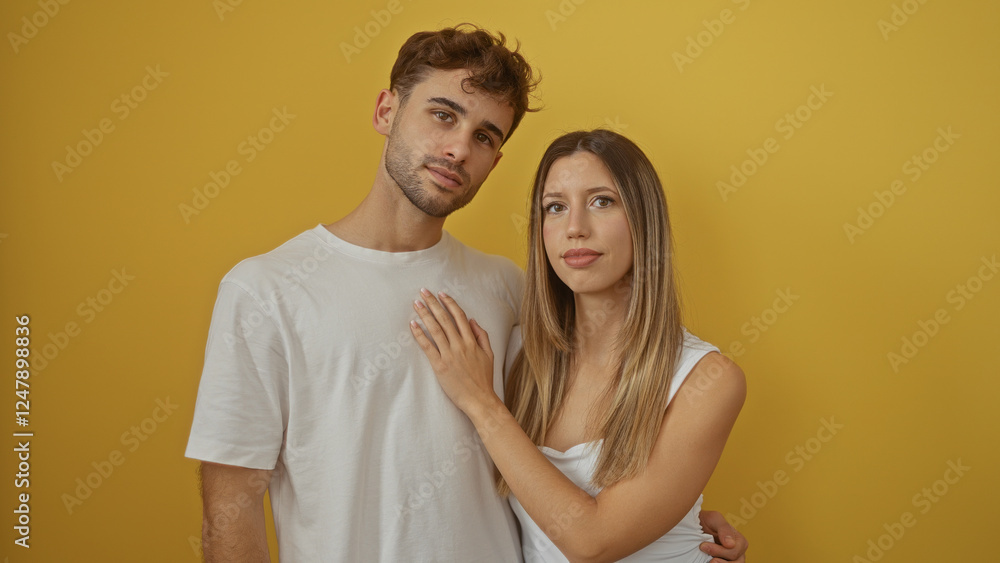 Couple posing affectionately over vibrant yellow background highlighting love and connection with man and woman embracing warmly in isolated close setting. Couple posing affectionately over vibrant yellow background highlighting love and connection with man and woman embracing warmly in isolated close setting.