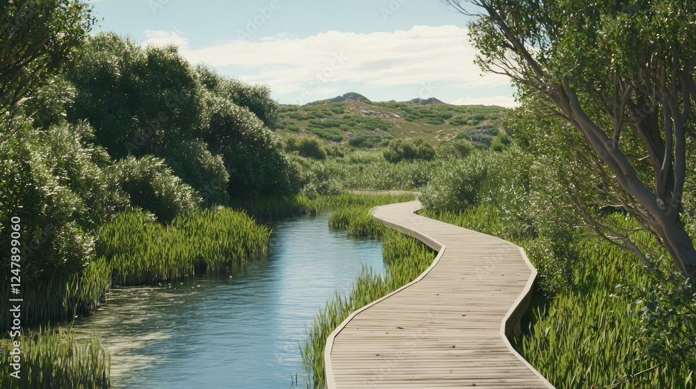 Scenic Boardwalk Meandering Through Lush Green Trail Landscape Scenic Boardwalk Meandering Through Lush Green Trail Landscape