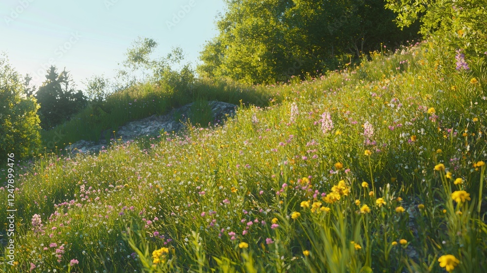 Obraz premium Golden Meadow on a Steep Slope Covered with Colorful Wildflowers