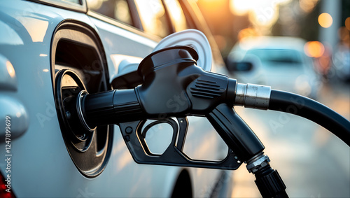  A white car with a fuel pump installed in the tank is refueling at a gas station. It's a clear, bright scene.