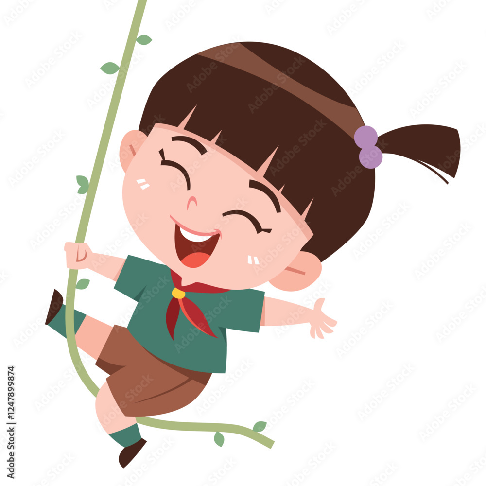 Excited Young Girl Scout Swinging on a Vine Illustration Excited Young Girl Scout Swinging on a Vine Illustration