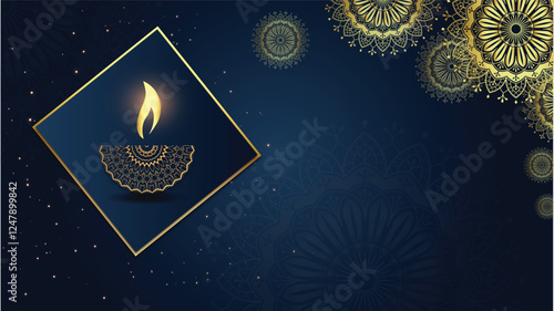 An opulent Deepavali background featuring a golden mandala and a beautifully glowing festive lamp.