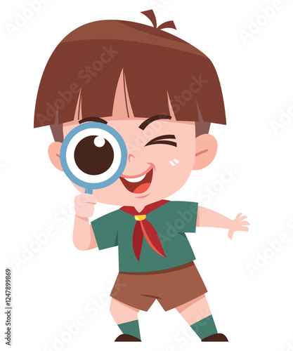 Playful Young Scout with Magnifying Glass Illustration