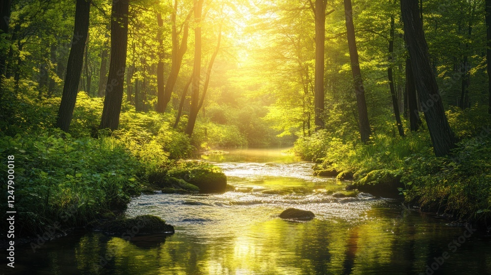 Sunlit Forest Stream: Tranquil Nature Scene with Golden Light and Lush Greenery Sunlit Forest Stream: Tranquil Nature Scene with Golden Light and Lush Greenery