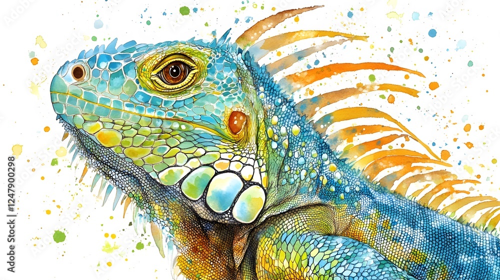 Fototapeta premium Colorful watercolor painting of an iguana with vibrant details