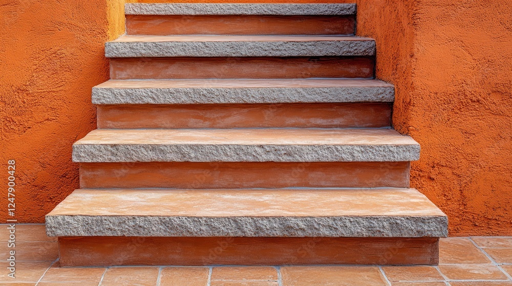 Outdoor stairs with brick steps and concrete risers, isolated on a terracotta background Outdoor stairs with brick steps and concrete risers, isolated on a terracotta background