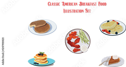 A delightful set of breakfast food illustrations, including pancakes, bacon, eggs, and coffee, capturing the essence of a classic American morning.