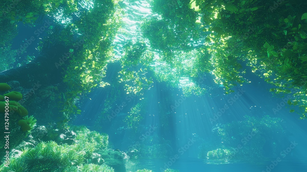 Obraz premium Underwater Coral Garden with Sunlight and Swaying Vegetation