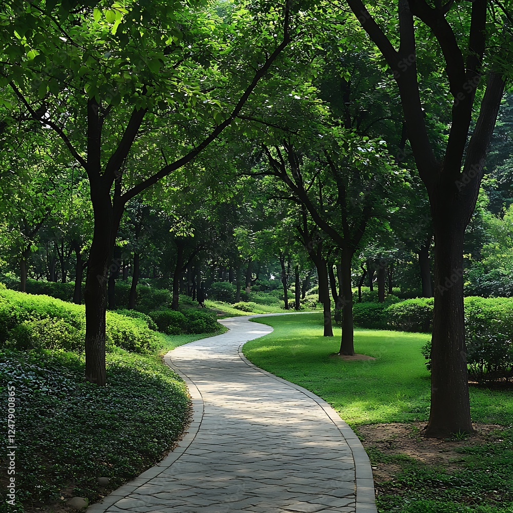 Park Pathway Winding Through Lush Trees Park Pathway Winding Through Lush Trees