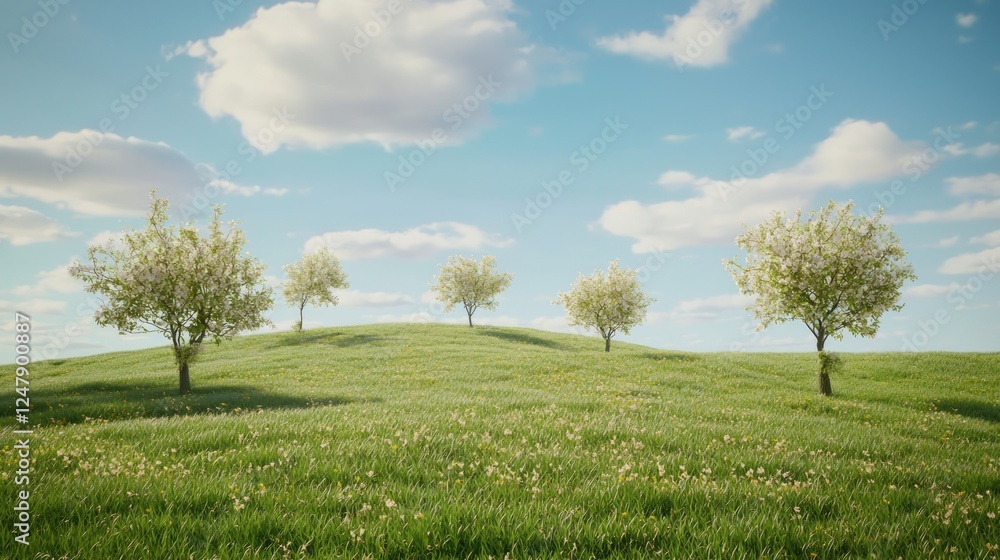 Gentle Hillside Orchard in Peaceful Preserve with Blossoming Trees