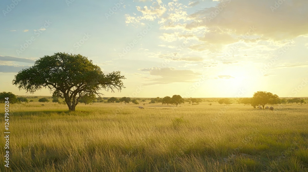 Serene Pastoral Landscape in a Protected Nature Reserve at Sunset Serene Pastoral Landscape in a Protected Nature Reserve at Sunset