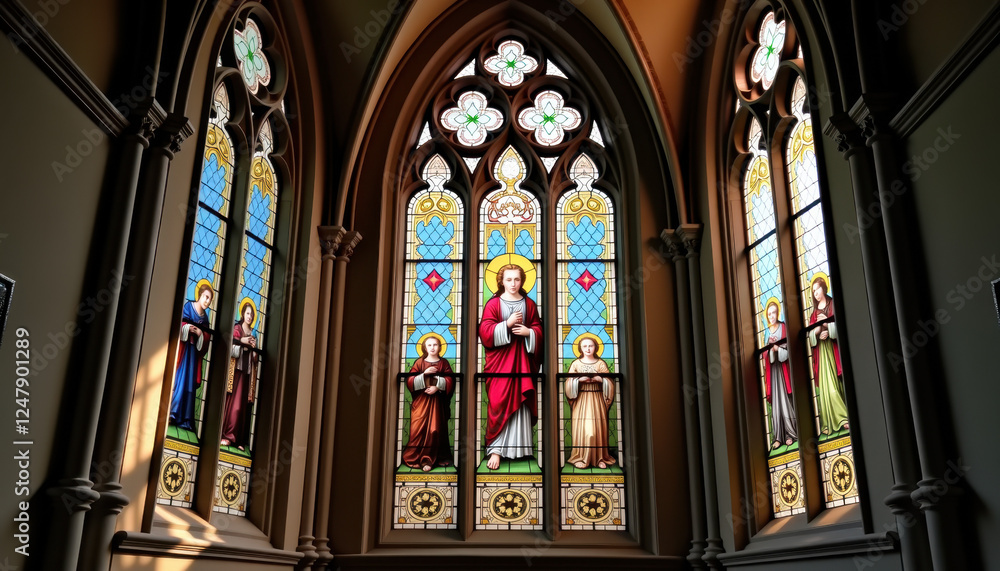 Gothic Church Stained Glass with Religious Figures Gothic Church Stained Glass with Religious Figures