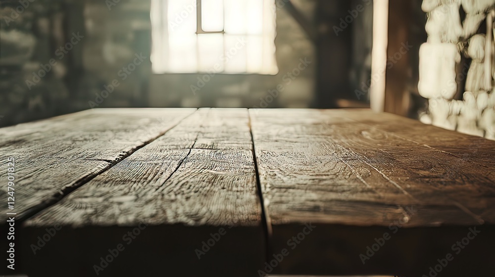 Rustic wooden table in a dimly lit room with a window. Rustic wooden table in a dimly lit room with a window.