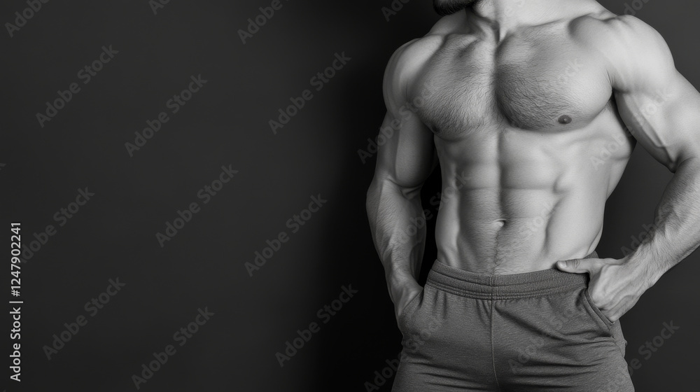 muscular man with well defined torso stands confidently against dark background, showcasing his toned physique and wearing athletic shorts muscular man with well defined torso stands confidently against dark background, showcasing his toned physique and wearing athletic shorts