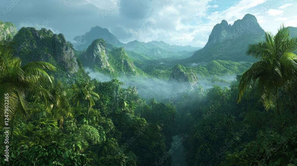 Obraz premium Sweeping Vista of Lush Tropical Island with Mountains and Foreground