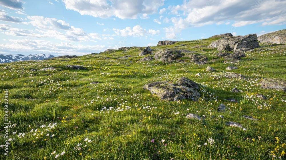 Naklejka premium Subalpine Meadow Ablaze with Colorful Flowers Under Bright Sky