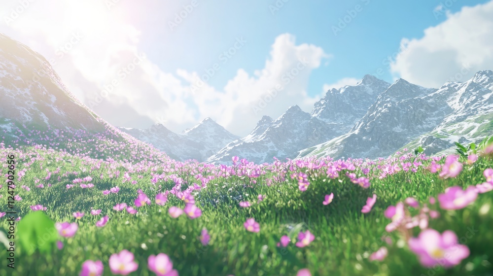 Obraz premium Bright Alpine Flowers Spreading Across Scenic Mountain Landscape