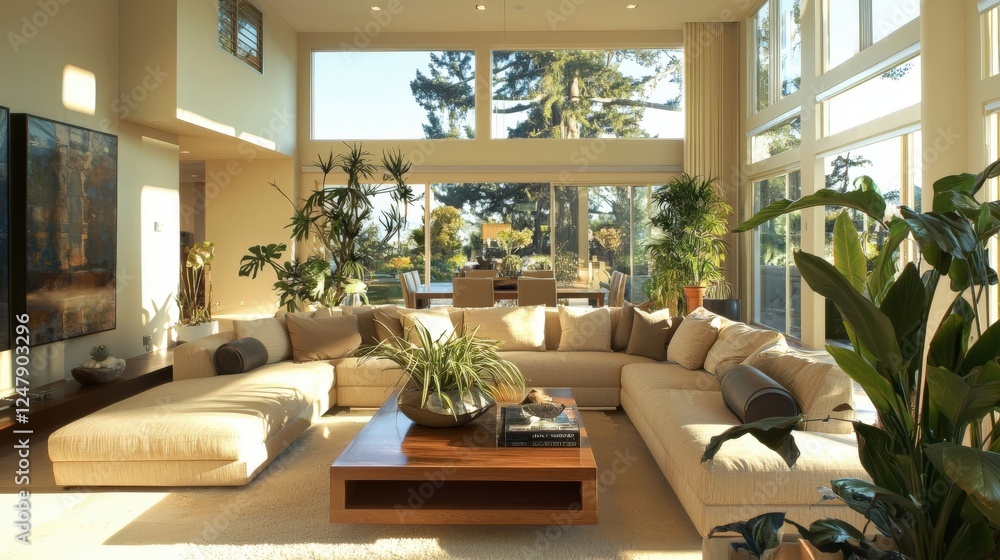 Obraz premium Luxurious Modern Living Room with Abundant Natural Light and Greenery