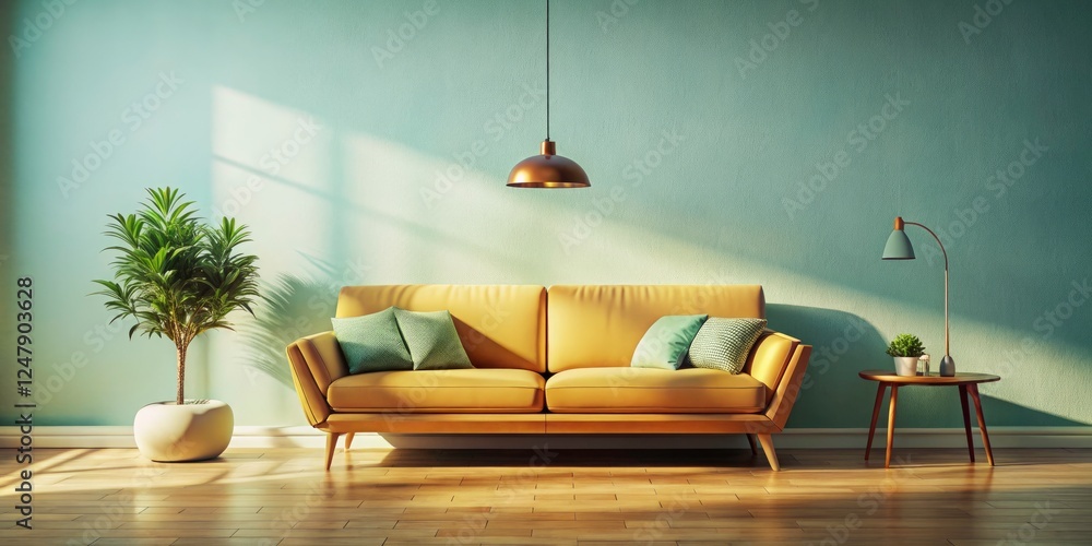 Fototapeta premium Vintage Minimalist Interior Design: Floating Sofa, Empty Wall, Retro Photography