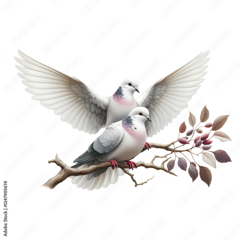 Obraz premium two dove on a tree branch on transparent background. Generative AI