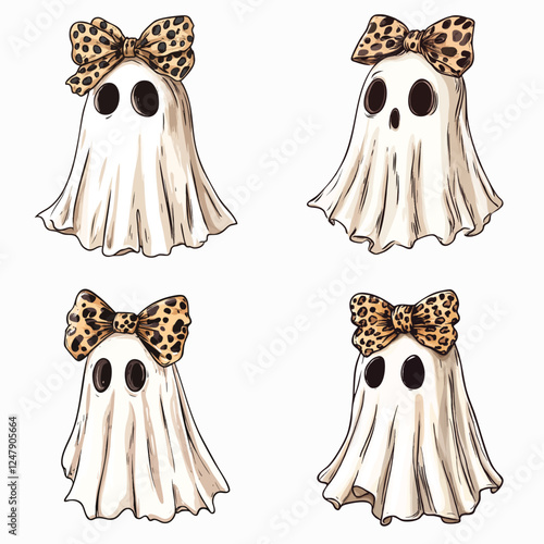 Cute Ghost with Leopard Print Bow - Halloween Clipart Vector Illustration Set