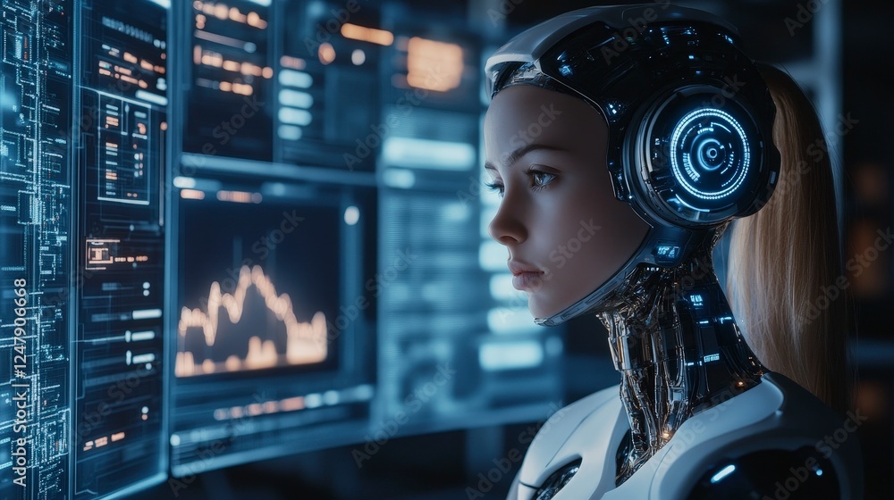 Futuristic Robot Woman Analyzing Data on Digital Screen Display Futuristic Robot Woman Analyzing Data on Digital Screen Display