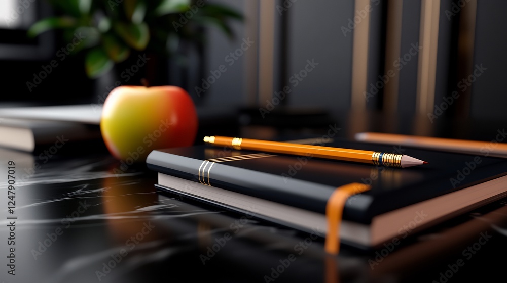 Elegant Still Life: Notebook, Pencil, and Apple on a Dark Desk Elegant Still Life: Notebook, Pencil, and Apple on a Dark Desk