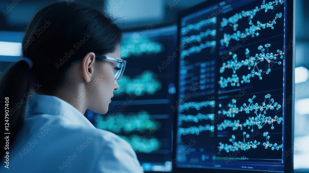 Scientist analyzing data on dual monitors in a lab environment. Scientist analyzing data on dual monitors in a lab environment.