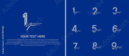 logo anniversary set. silver color with handwriting on blue background for special event