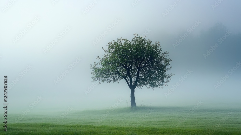 Obraz premium Solitary Tree in Misty Meadow: A Serene Landscape