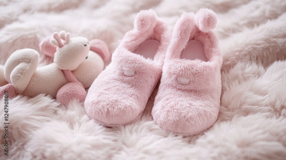 Adorable Pink Fuzzy Slippers and Plush Toy on a Soft Fur Blanket Adorable Pink Fuzzy Slippers and Plush Toy on a Soft Fur Blanket