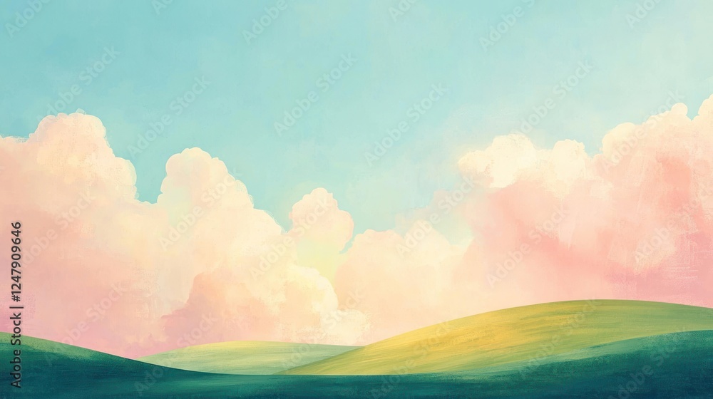 Obraz premium Serene Pastel Hillscape: A Dreamy Landscape Under a Soft Pink and Blue Sky