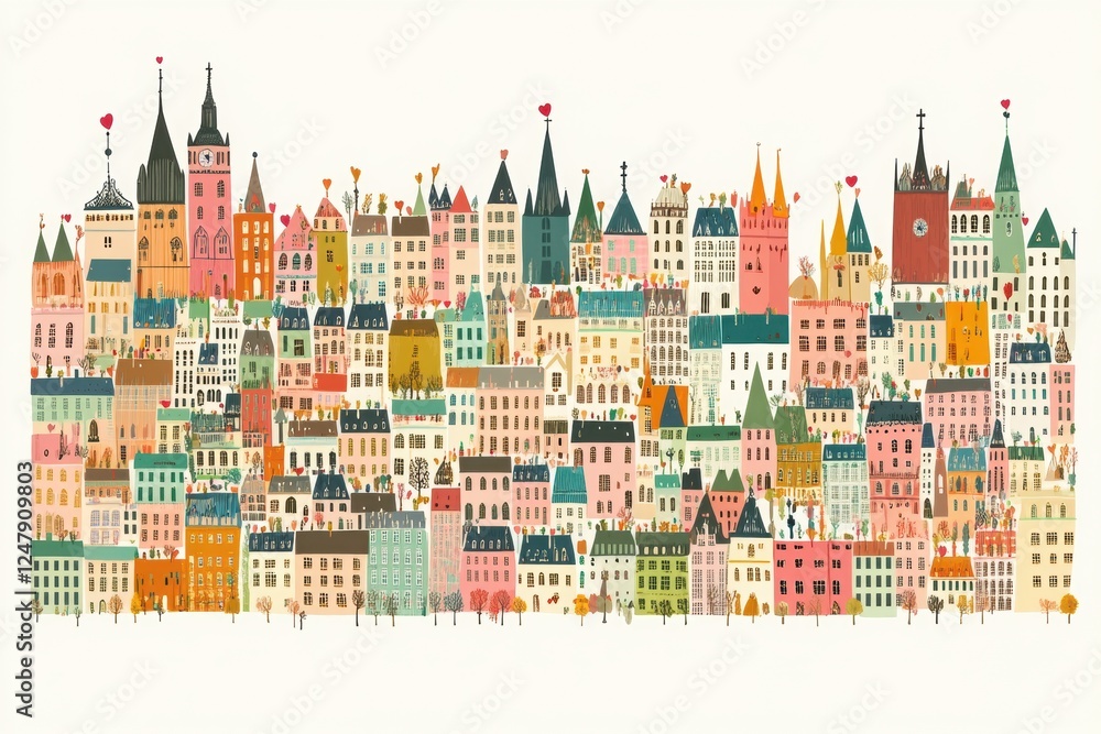 A vibrant, whimsical illustration of a cityscape filled with colorful buildings, towers, and flags, showcasing a playful architectural design. A vibrant, whimsical illustration of a cityscape filled with colorful buildings, towers, and flags, showcasing a playful architectural design.