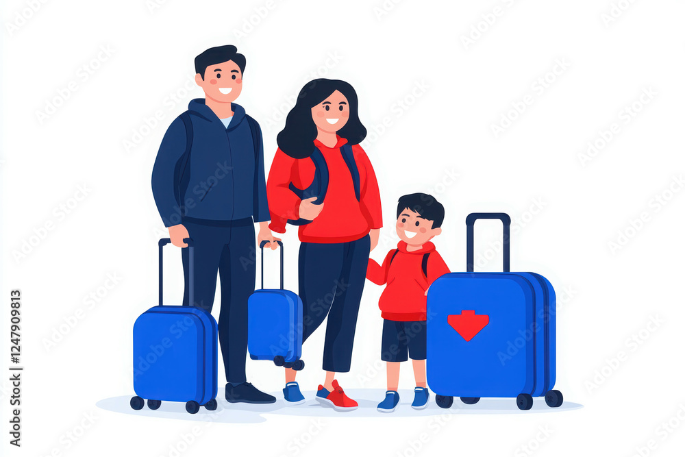 A cheerful family of three stands together with luggage, ready for a trip, showcasing excitement and togetherness in travel. A cheerful family of three stands together with luggage, ready for a trip, showcasing excitement and togetherness in travel.