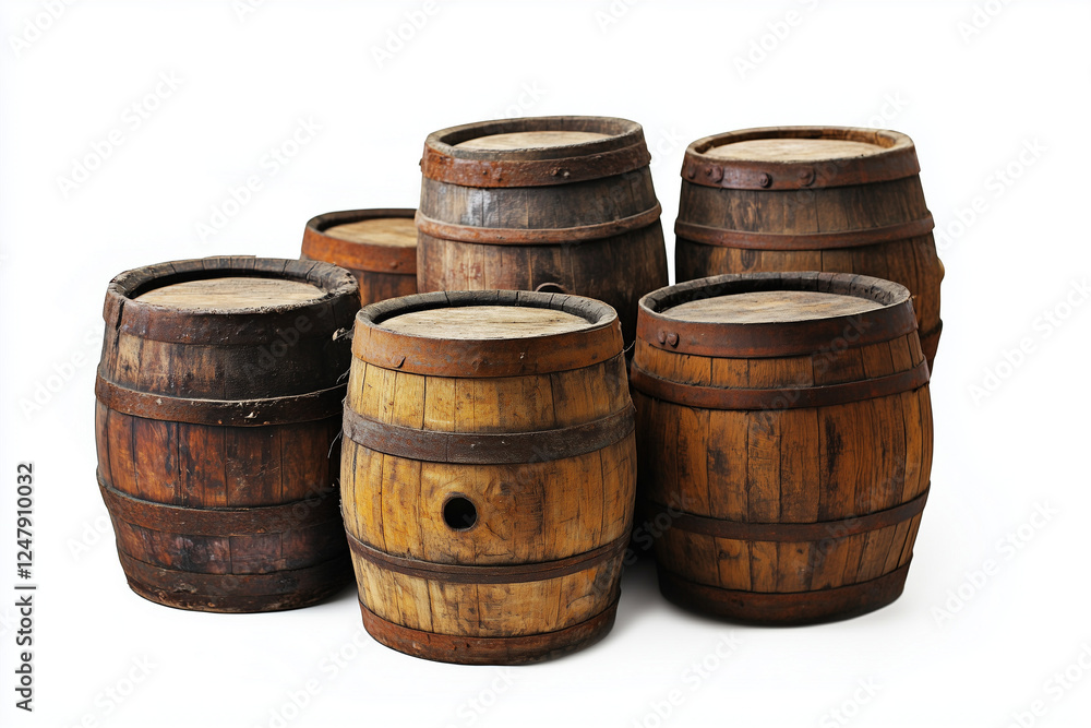 Selective focus old and classic wine barrels isolated on white background, Wooden barrel for alcohol fermentation, Wine barrels. Selective focus old and classic wine barrels isolated on white background, Wooden barrel for alcohol fermentation, Wine barrels.
