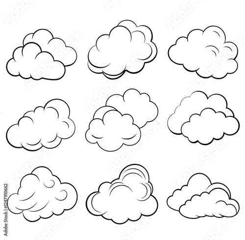 Vector set of  different clouds on white background. Sky clouds vector silhouette